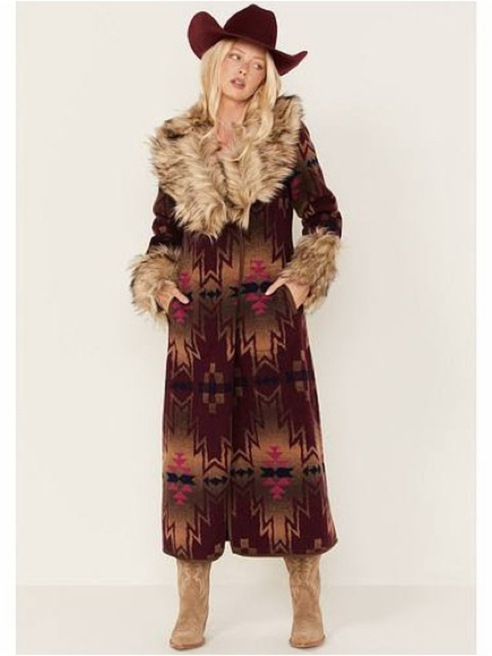 Tasha Polizzi Southwestern Print Faux Fur Adirondack Blanket Coat